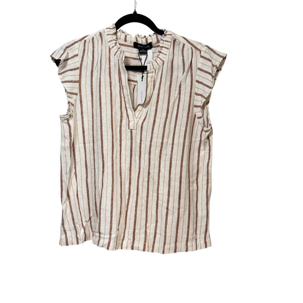 Sanctuary Striped Linen Blend Ruffle Neck Cap Sleeve Blouse medium Brown Top